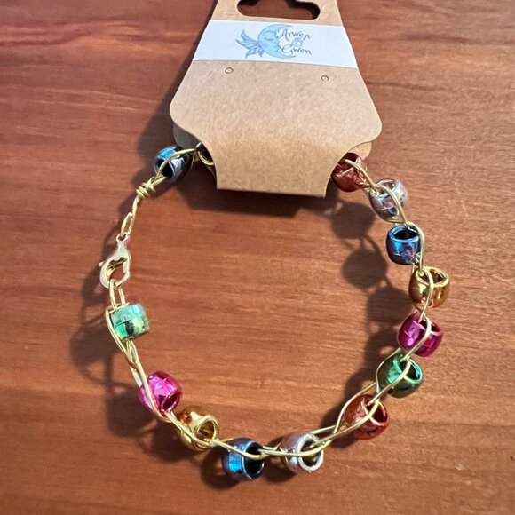 Metallic Christmas Colored Bracelet, Beaded Gold Tone Braided Wire - Picture 2 of 2